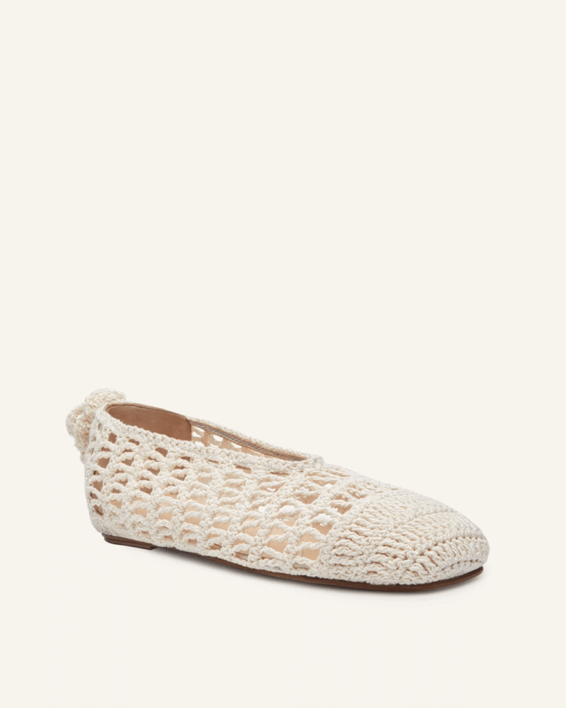 Product shot showcasing the details and craftsmanship of Magda Burtym’s crochet shoes ballet flat.