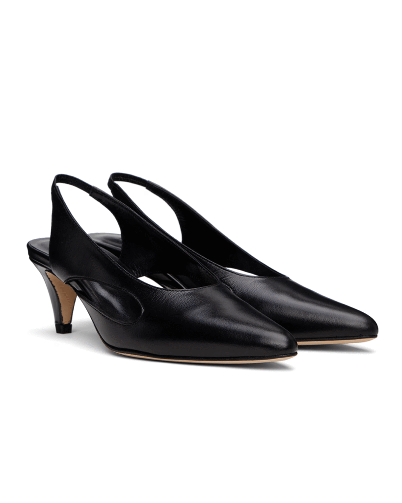 Structured leather kitten heels by by far – architectural form and leather from an independent brand.
