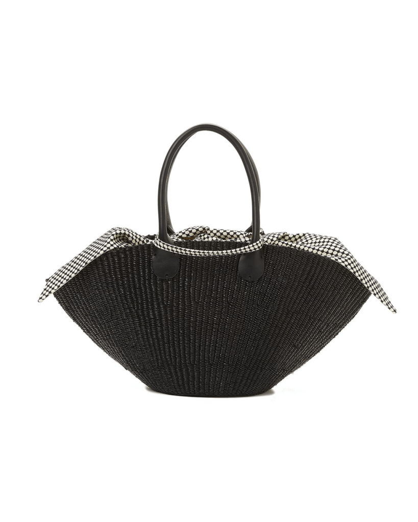 a black and white woven bag
