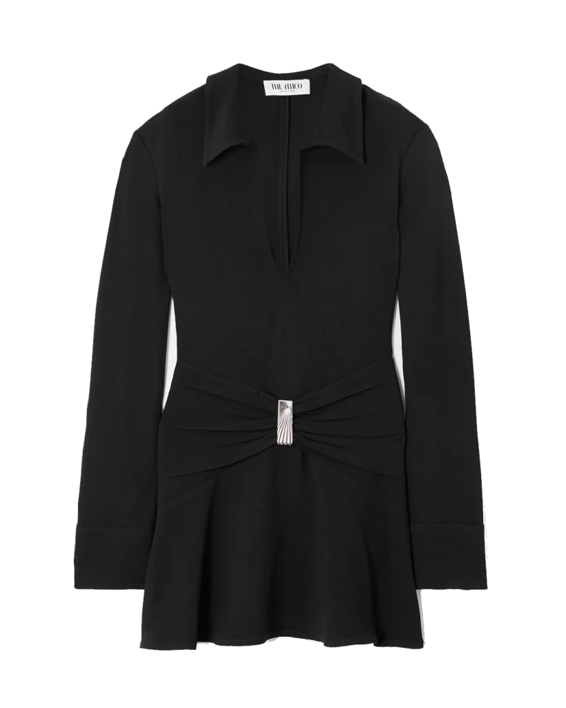 The Attico - The Attico's dress is made from crepe for a figure-hugging fit. It has a V-neckline and gathered panels along the hips adorned with an engraved silver-tone embellishment. Wear yours with mules or knee boots.